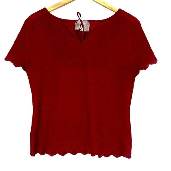 Ann Taylor LOFT Embroidered Short Sleeve Sheer Lace Top Tie Back M Red #2554 - Picture 10 of 12